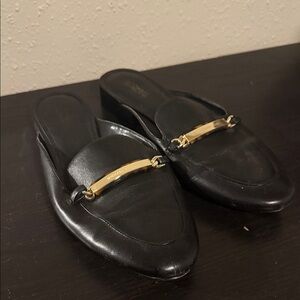 Michael Kors Black Leather Mules with Gold Detail